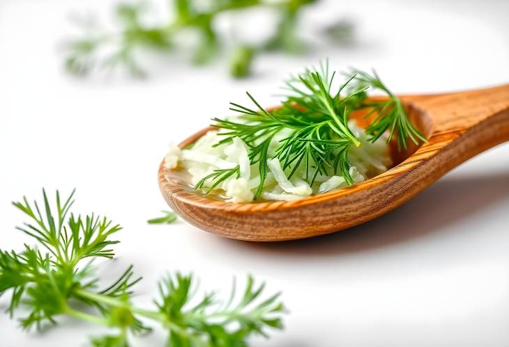 Freshly Shredded Dill on Wooden Spoon Isolated for Soup Preparation